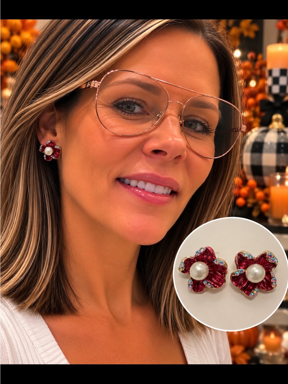 Elegant Red Pearl Flower Stud Earrings - Women's Accessories